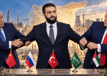 أحمد الشرع في الوسط يتجاذبه ترامب يميناً وأنطونيو كوستا يساراً، وخلفهم خارطة سوريا وأمامهم أعلام دولية.