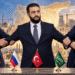 أحمد الشرع في الوسط يتجاذبه ترامب يميناً وأنطونيو كوستا يساراً، وخلفهم خارطة سوريا وأمامهم أعلام دولية.