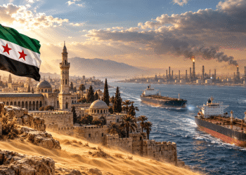 لم سوري ومعالم دمشق أمام مشهد رمزي لناقلات النفط ومنشآت الطاقة، يجسّد تداعيات حرب المضائق على مستقبل سوريا