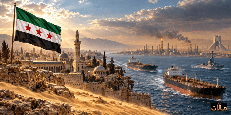 لم سوري ومعالم دمشق أمام مشهد رمزي لناقلات النفط ومنشآت الطاقة، يجسّد تداعيات حرب المضائق على مستقبل سوريا