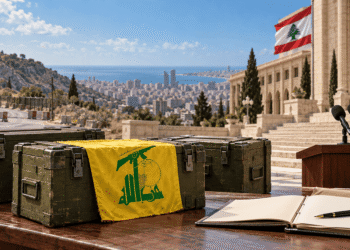 تصميم تعبيري عن شحنة المتفجرات، يظهر صناديق تحمل شعار حزب الله بجوار منصة تصريح وملف تحقيق وعلم لبنان.