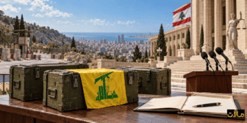 تصميم تعبيري عن شحنة المتفجرات، يظهر صناديق تحمل شعار حزب الله بجوار منصة تصريح وملف تحقيق وعلم لبنان.